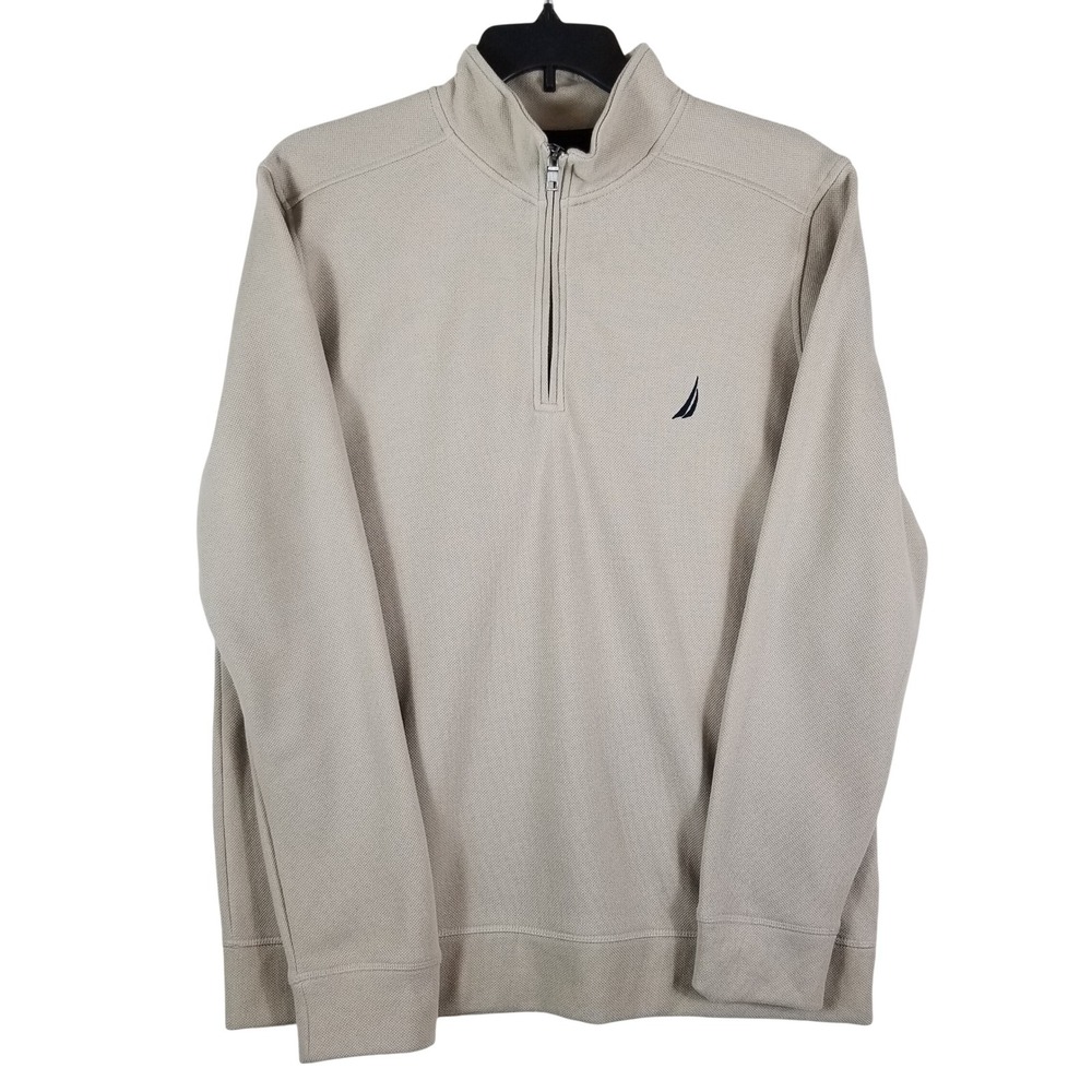 Nautica Quarter Zip Pullover Mens XL Burlap Beige Pique Fleece K5555M NEW